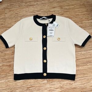 Zara Cream and Black Button-Up Cardigan